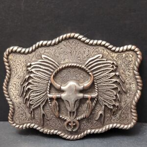 Western/Navajo Style Metal Belt Buckle, Features A Longhorn Skull with Feathers.